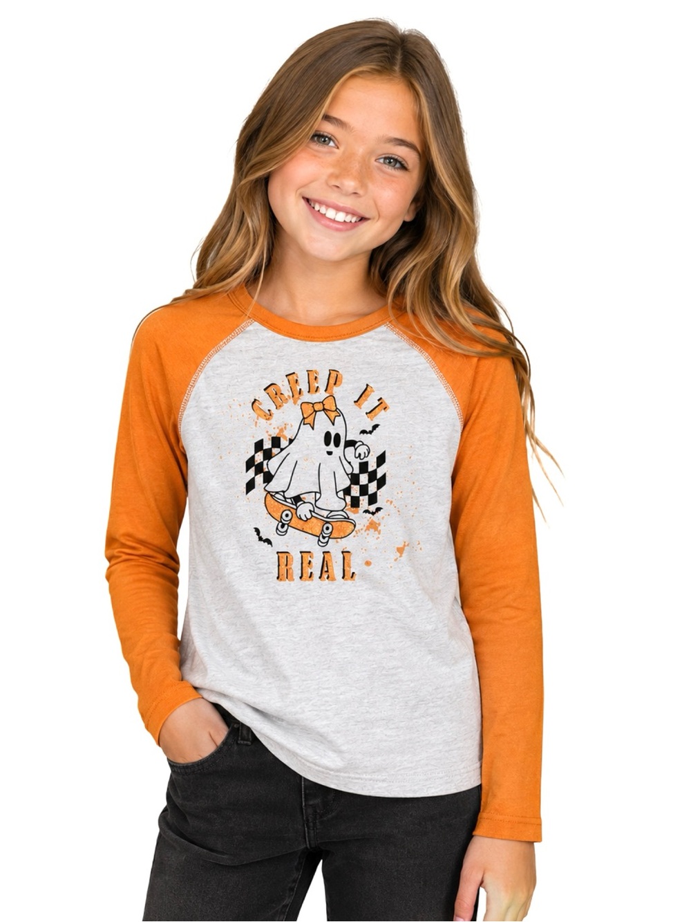 Girls Creep It Real Halloween Ghost Raglan Long Sleeve Size 12